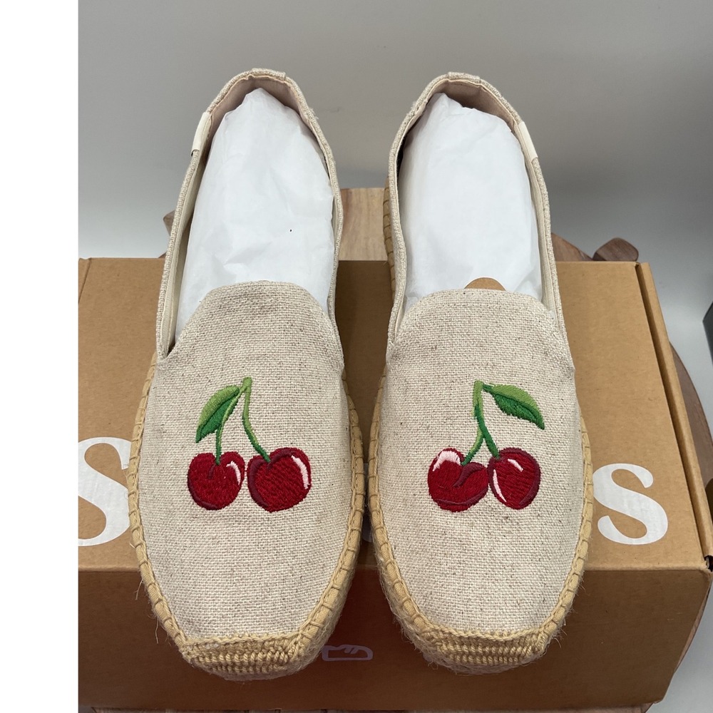 Soludos Cherry On Top Platform Espadrille Sand Linen Embroidered Shoes Womens 9